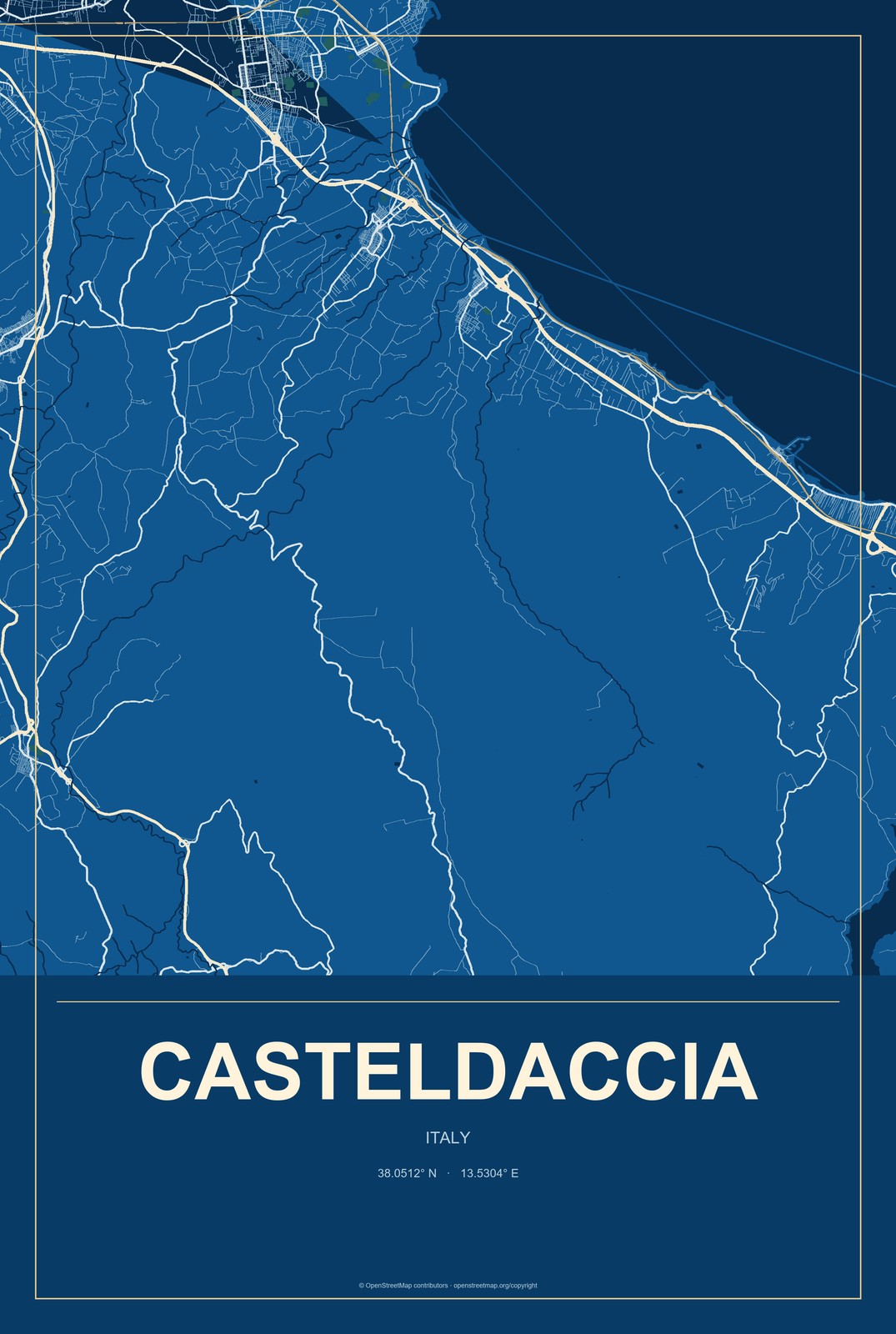 Casteldaccia, Italy City Map Aluminum Sign in Harbor Cobalt style