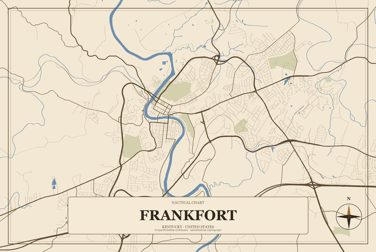 Frankfort, Kentucky City Map Aluminum Sign in Heritage Nautical style