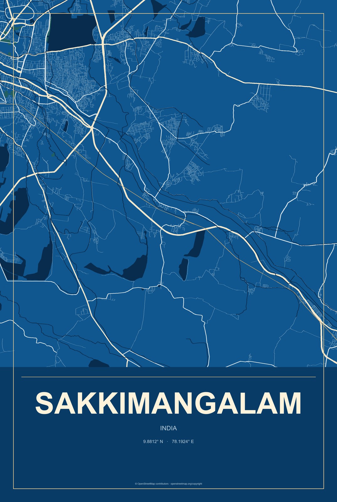 Sakkimangalam, India City Map Aluminum Sign in Harbor Cobalt style