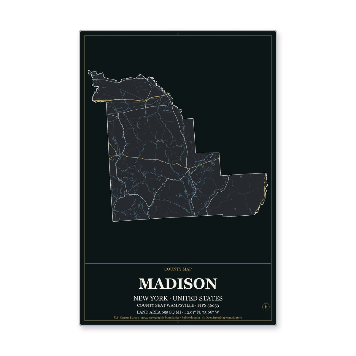 Madison County, New York Map Aluminum Sign in Metropolitan Noir style