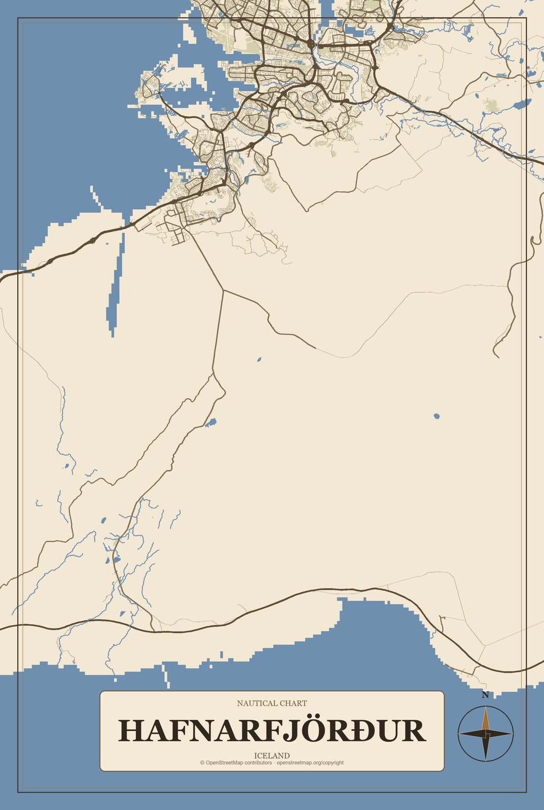 Hafnarfjörður, Iceland City Map Aluminum Sign in Heritage Nautical style