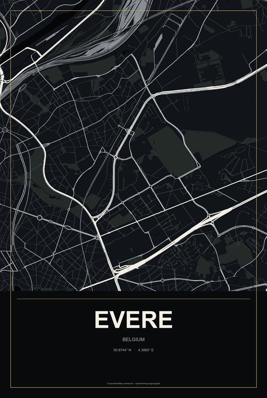 Evere, Belgium City Map Aluminum Sign in Metropolitan Noir style