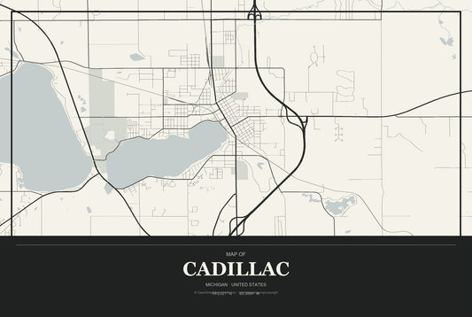 Cadillac, Michigan City Map Aluminum Sign in Museum Plaque style
