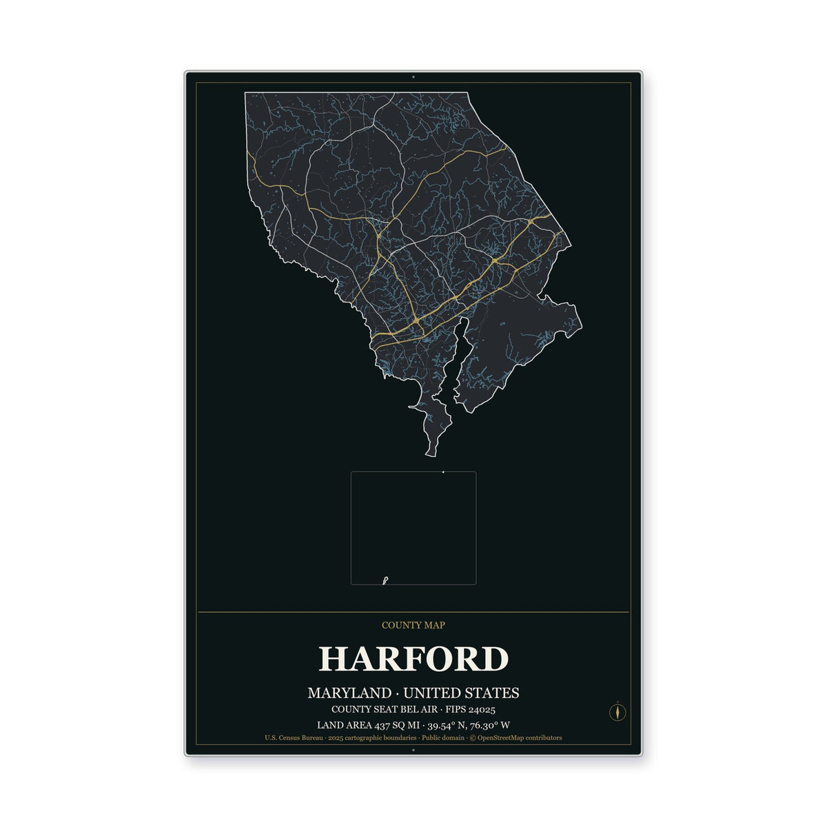 Harford County, Maryland Map Aluminum Sign in Metropolitan Noir style