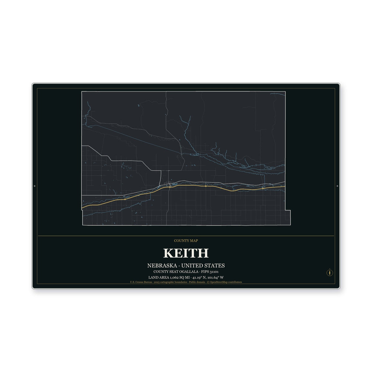 Keith County, Nebraska Map Aluminum Sign in Metropolitan Noir style