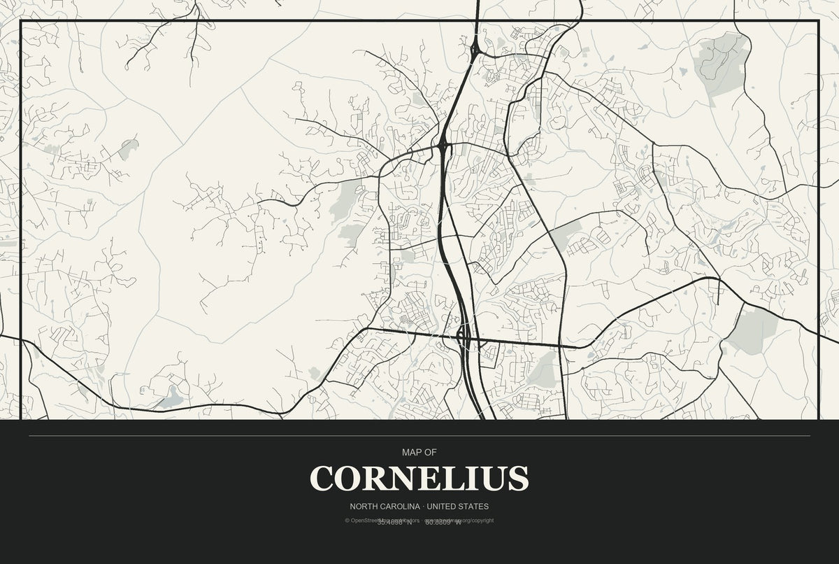 Cornelius, North Carolina City Map Aluminum Sign in Museum Plaque style