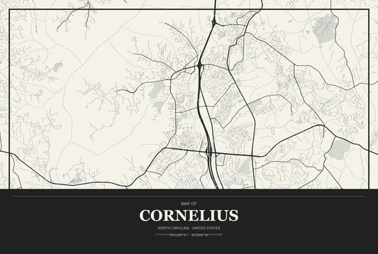 Cornelius, North Carolina City Map Aluminum Sign in Museum Plaque style
