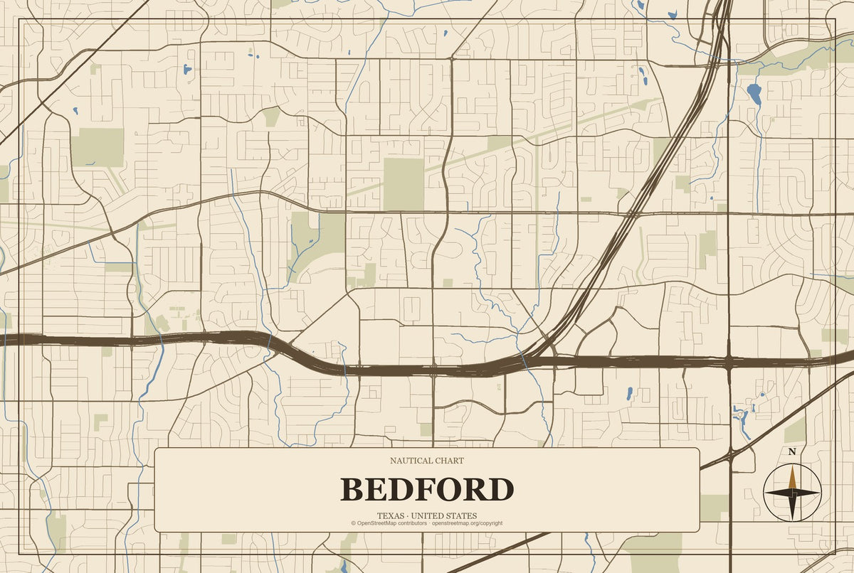 Bedford, Texas City Map Aluminum Sign in Heritage Nautical style