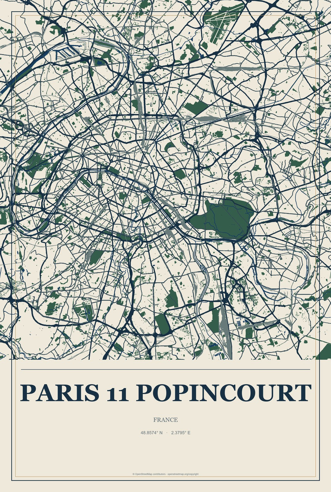 Paris 11 Popincourt, France City Map Aluminum Sign in Coastal Cutout style