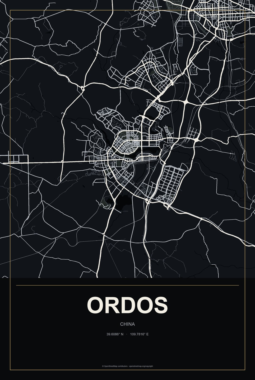 Ordos, China City Map Aluminum Sign in Metropolitan Noir style