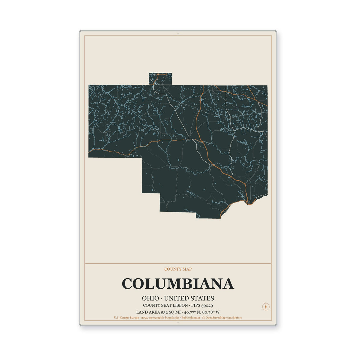 Columbiana County, Ohio Map Aluminum Sign in Headline Atlas style
