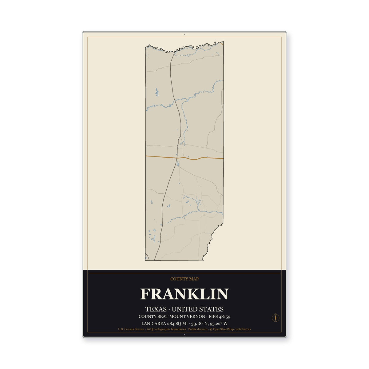 Franklin County, Texas Map Aluminum Sign in Museum Plaque style