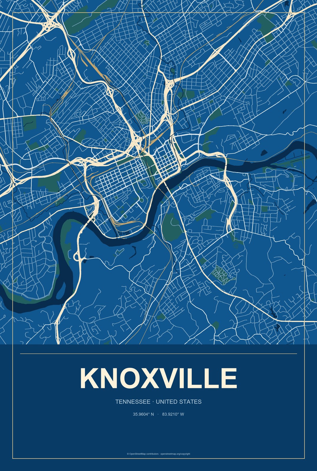 Knoxville, Tennessee City Map Aluminum Sign in Harbor Cobalt style
