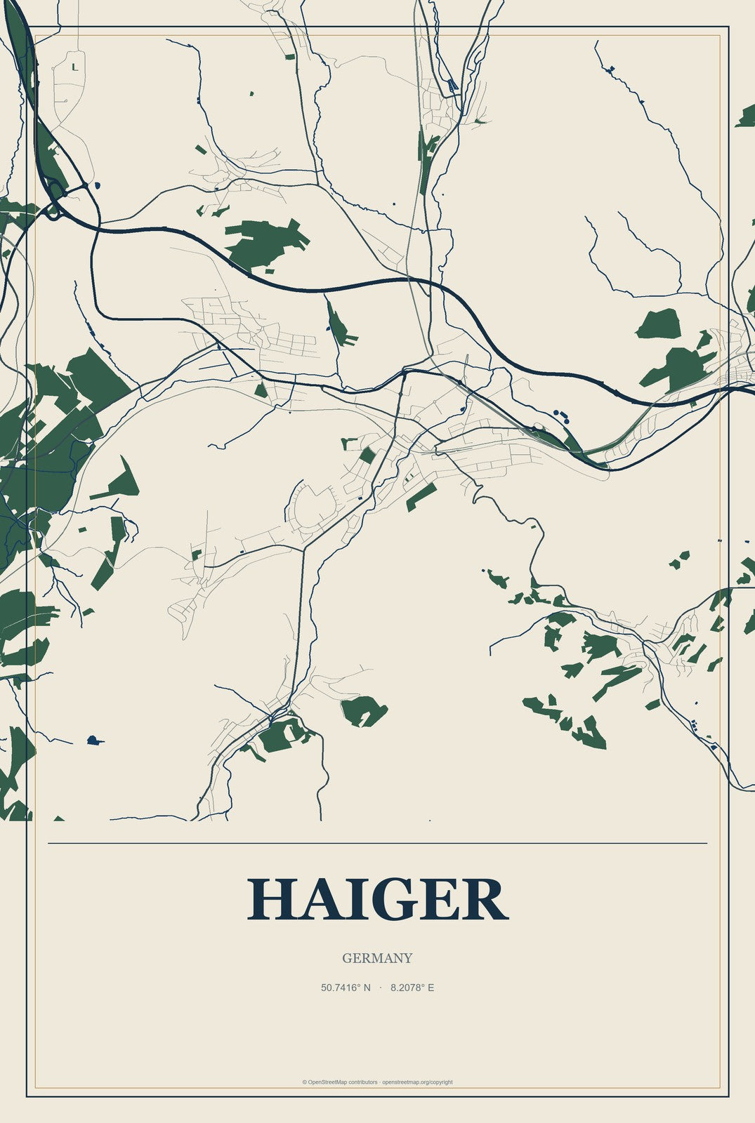 Haiger, Germany City Map Aluminum Sign in Coastal Cutout style