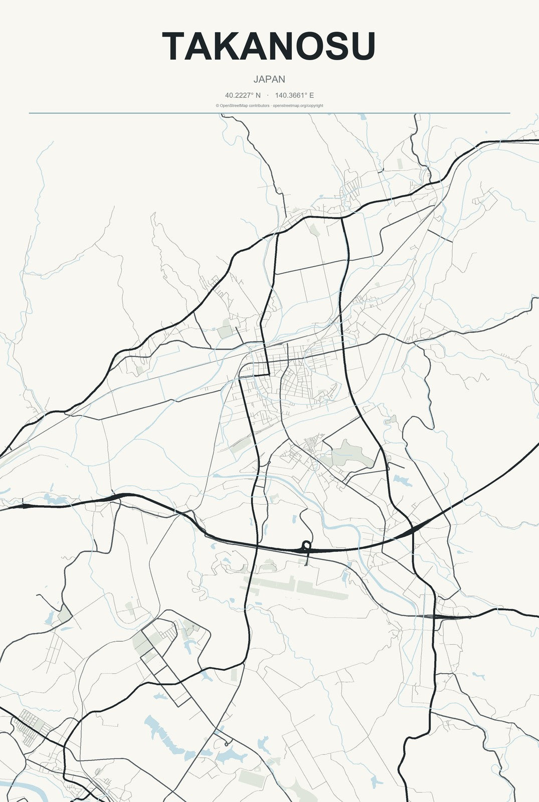 Takanosu, Japan City Map Aluminum Sign in Headline Atlas style