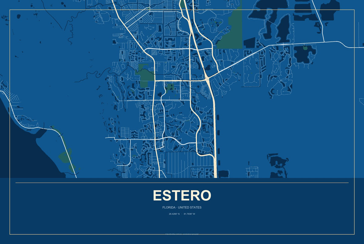 Estero, Florida City Map Aluminum Sign in Harbor Cobalt style