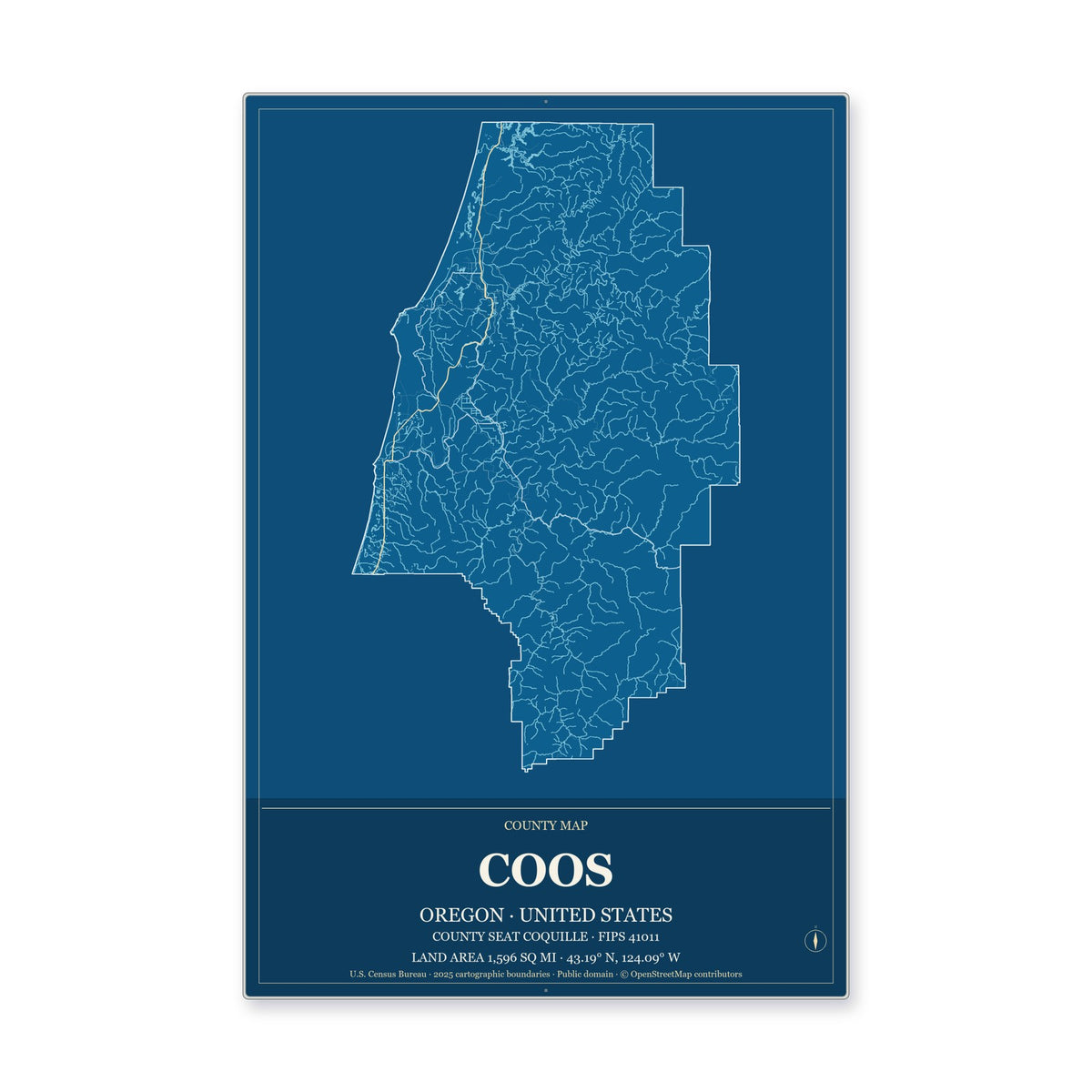 Coos County, Oregon Map Aluminum Sign in Harbor Cobalt style