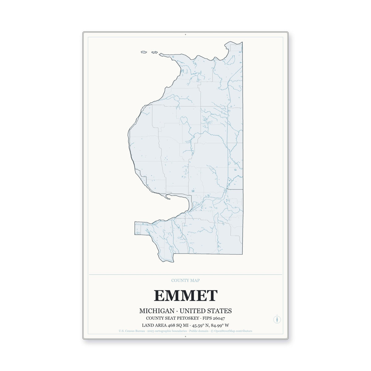 Emmet County, Michigan Map Aluminum Sign in Gallery Air style