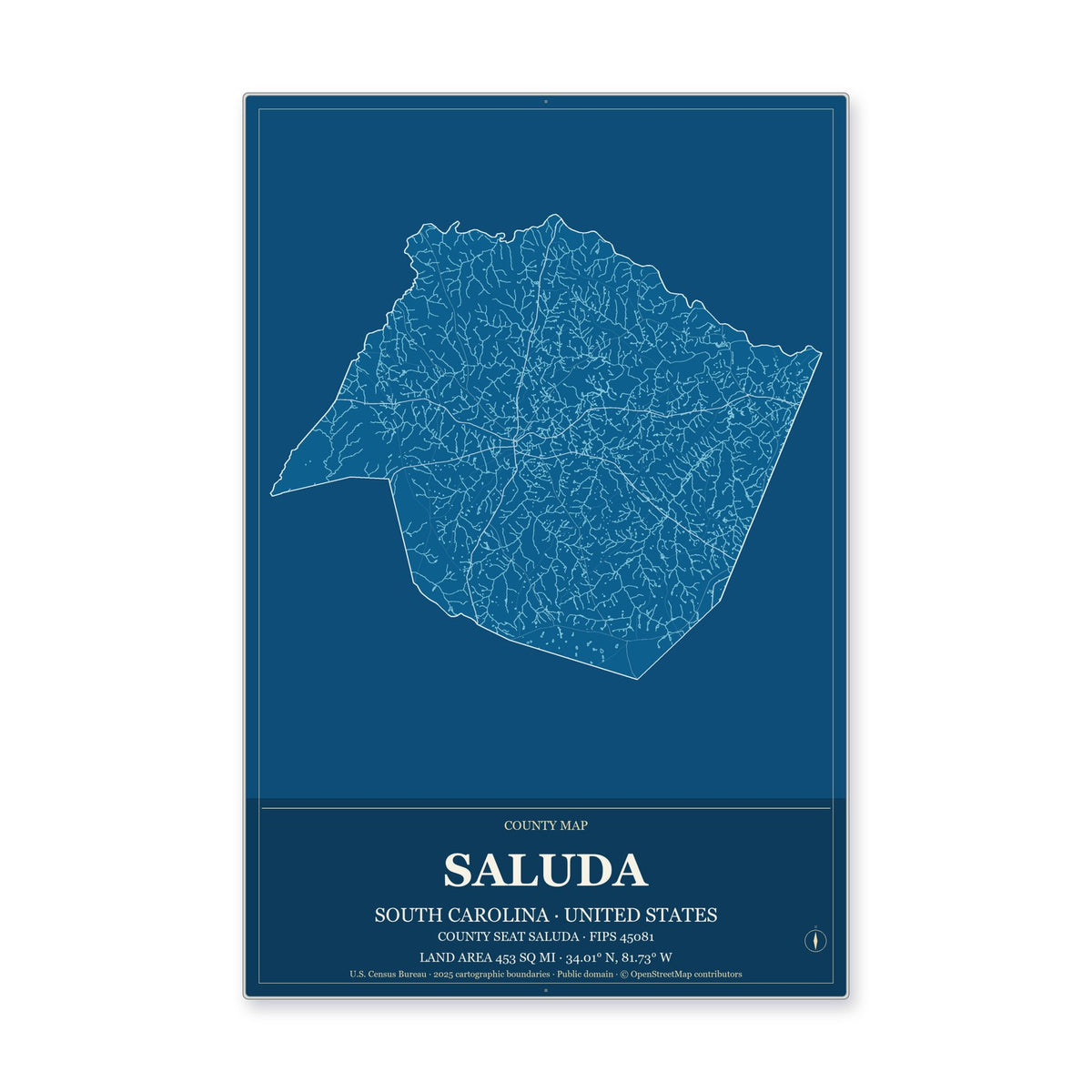 Saluda County, South Carolina Map Aluminum Sign in Harbor Cobalt style