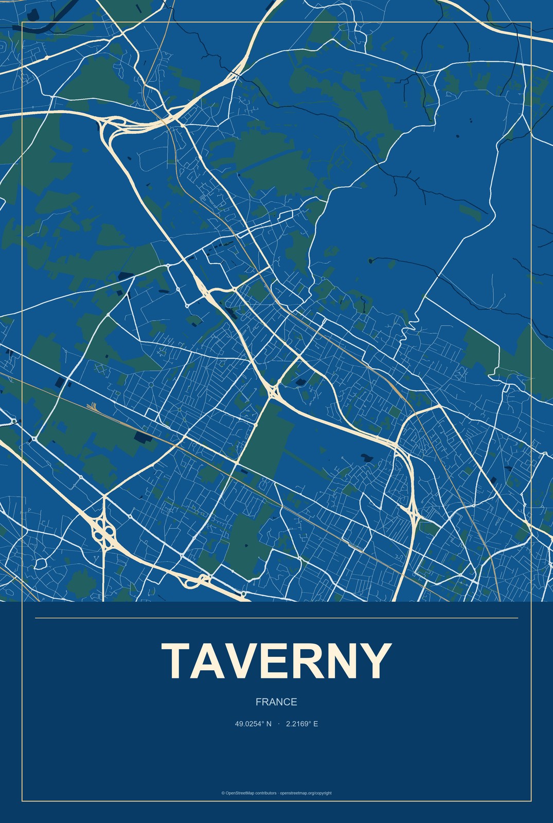 Taverny, France City Map Aluminum Sign in Harbor Cobalt style