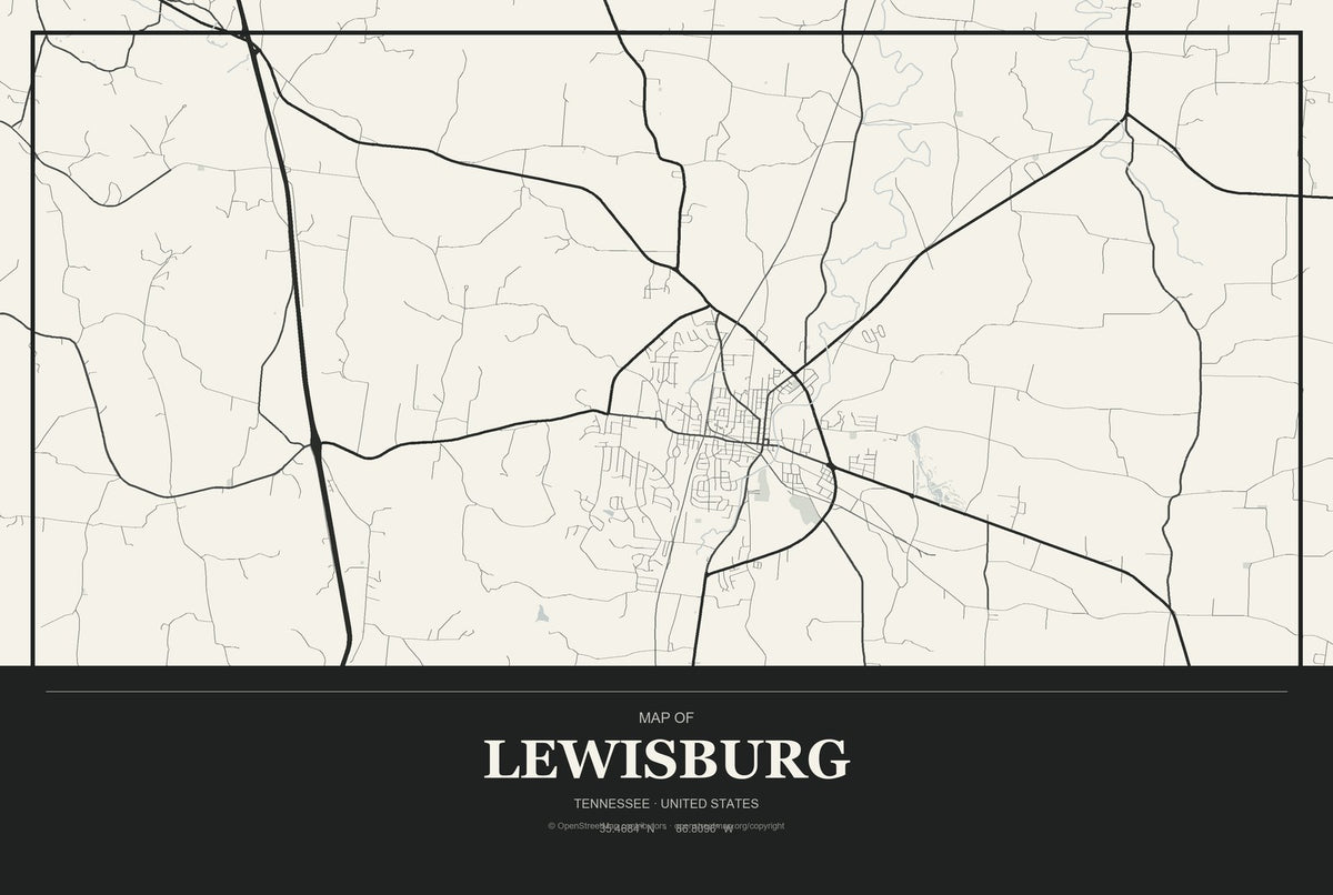 Lewisburg, Tennessee City Map Aluminum Sign in Museum Plaque style