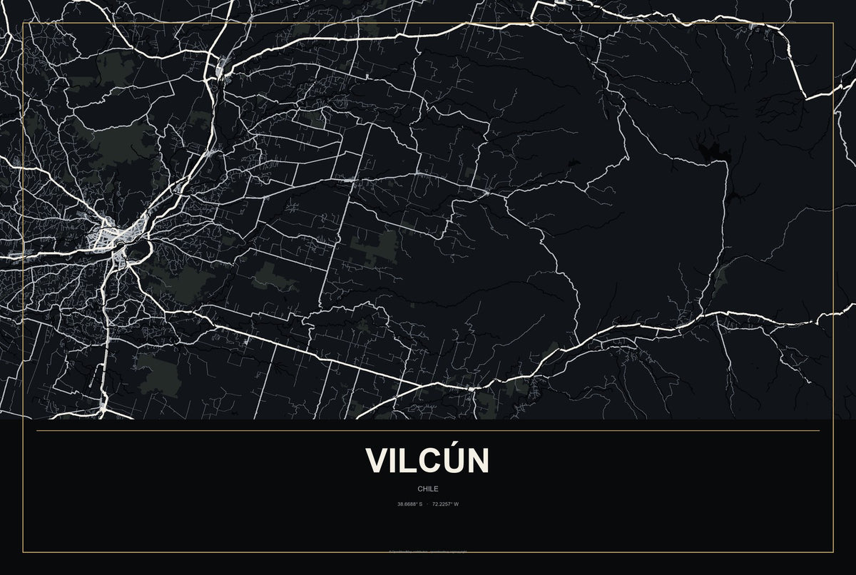 Vilcún, Chile City Map Aluminum Sign in Metropolitan Noir style