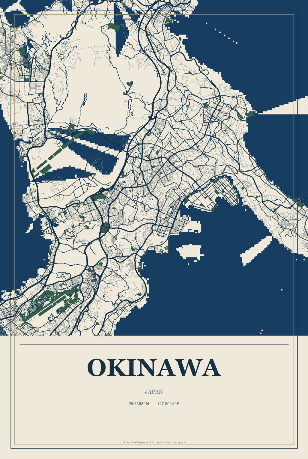 Okinawa, Japan City Map Aluminum Sign in Coastal Cutout style