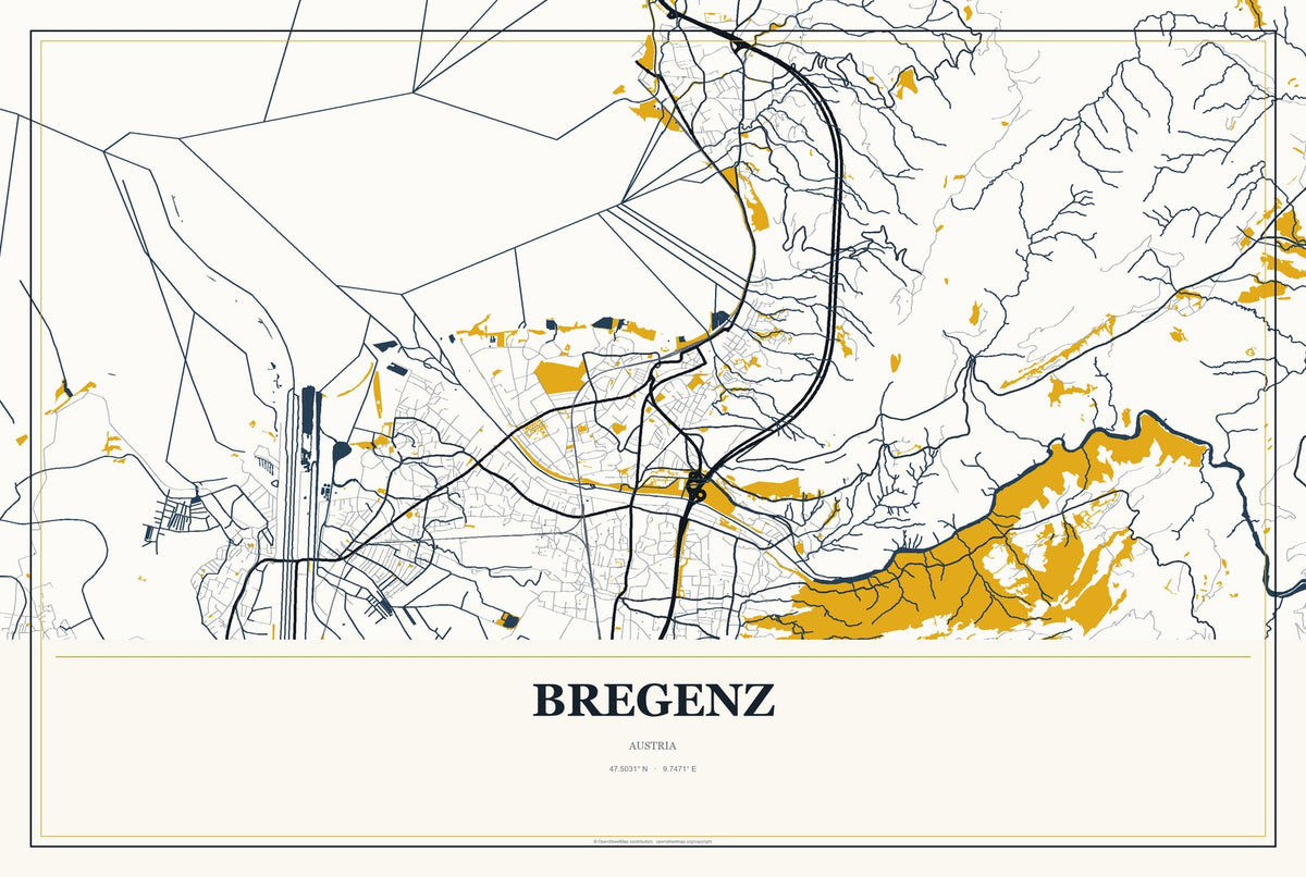 Bregenz, Austria City Map Aluminum Sign in Citrine Modern style