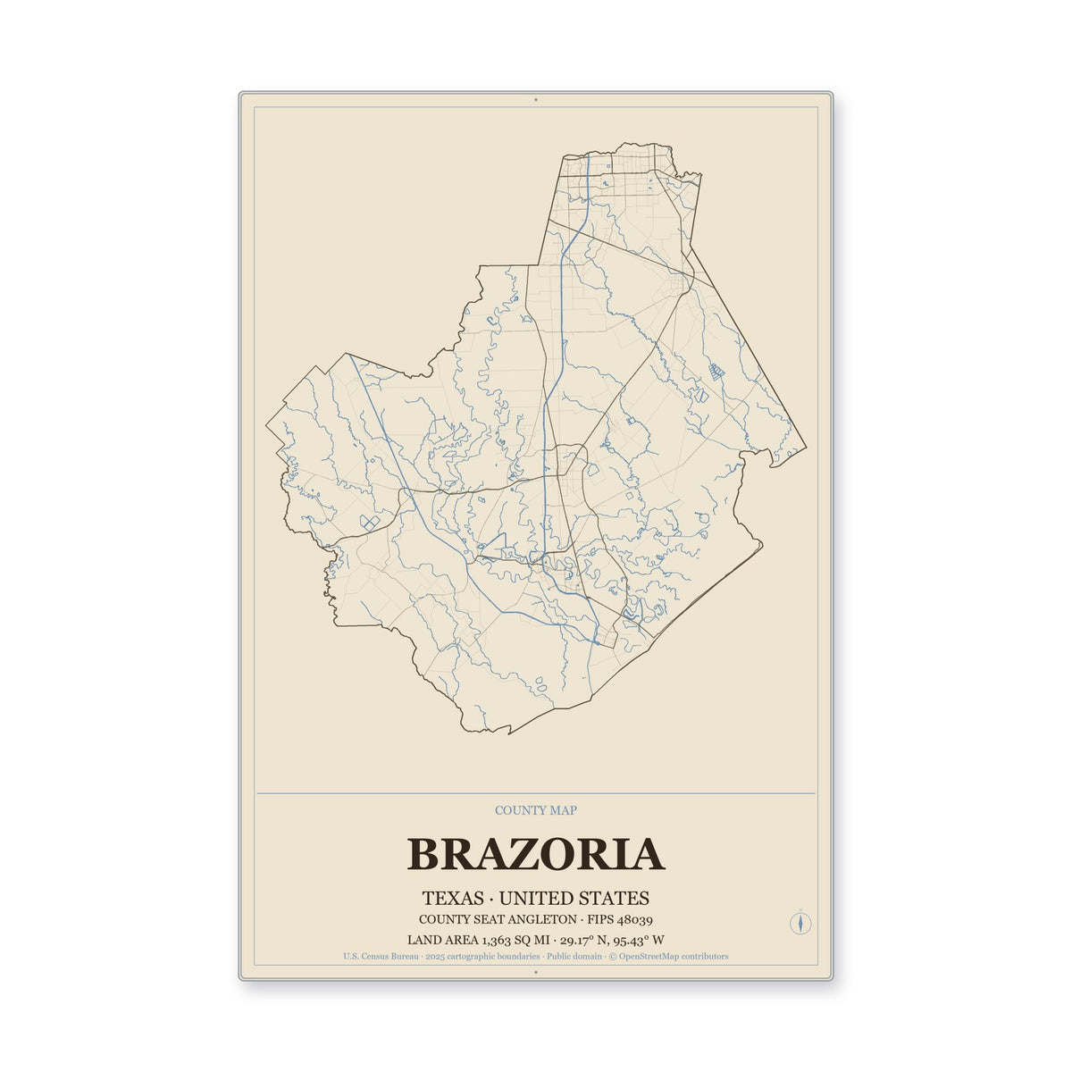 Brazoria County, Texas Map Aluminum Sign in Heritage Nautical style