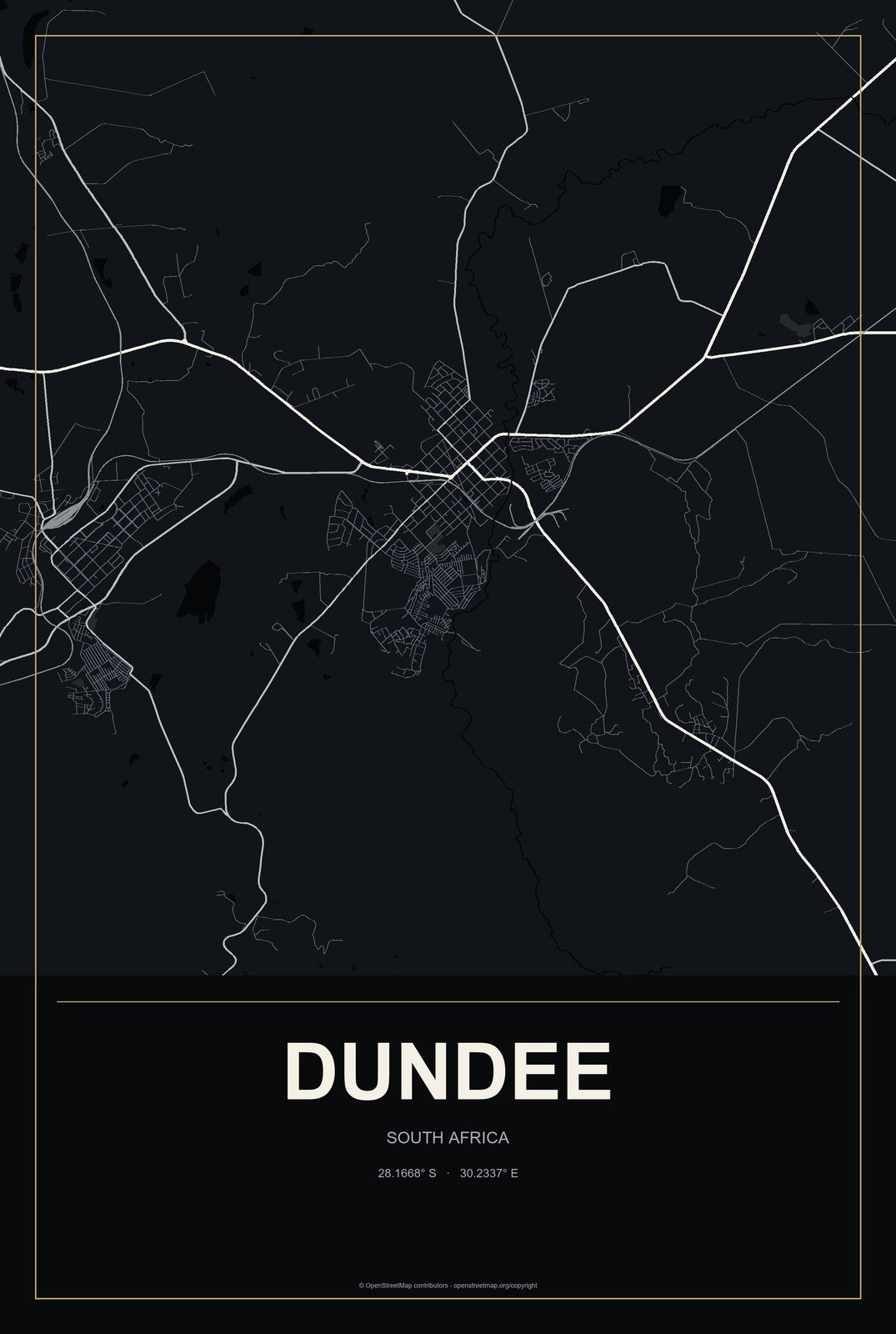 Dundee, South Africa City Map Aluminum Sign in Metropolitan Noir style