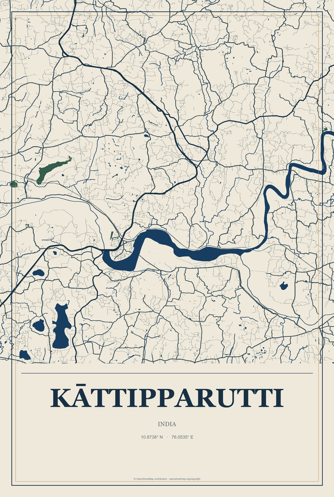 Kāttipparutti, India City Map Aluminum Sign in Coastal Cutout style