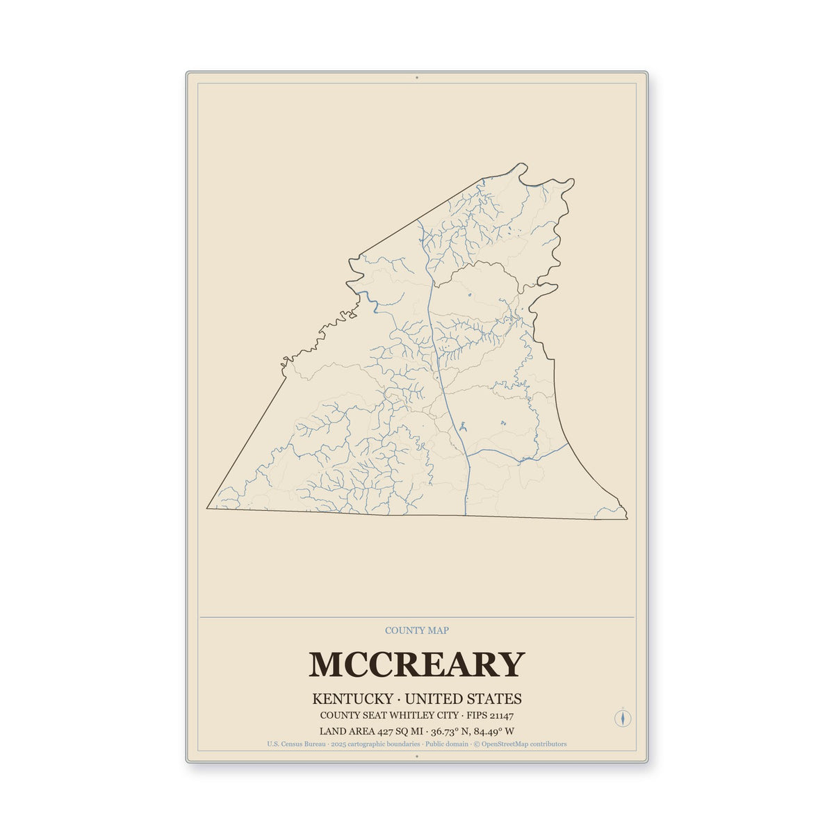 McCreary County, Kentucky Map Aluminum Sign in Heritage Nautical style