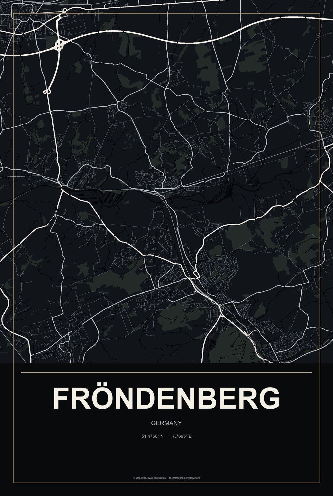 Fröndenberg, Germany City Map Aluminum Sign in Metropolitan Noir style