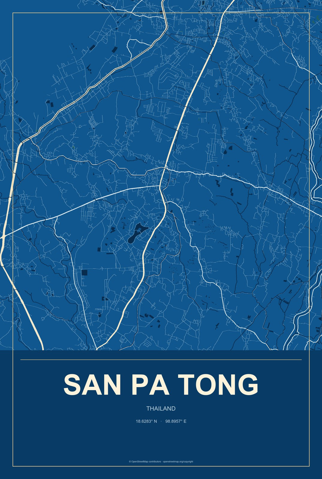 San Pa Tong, Thailand City Map Aluminum Sign in Harbor Cobalt style