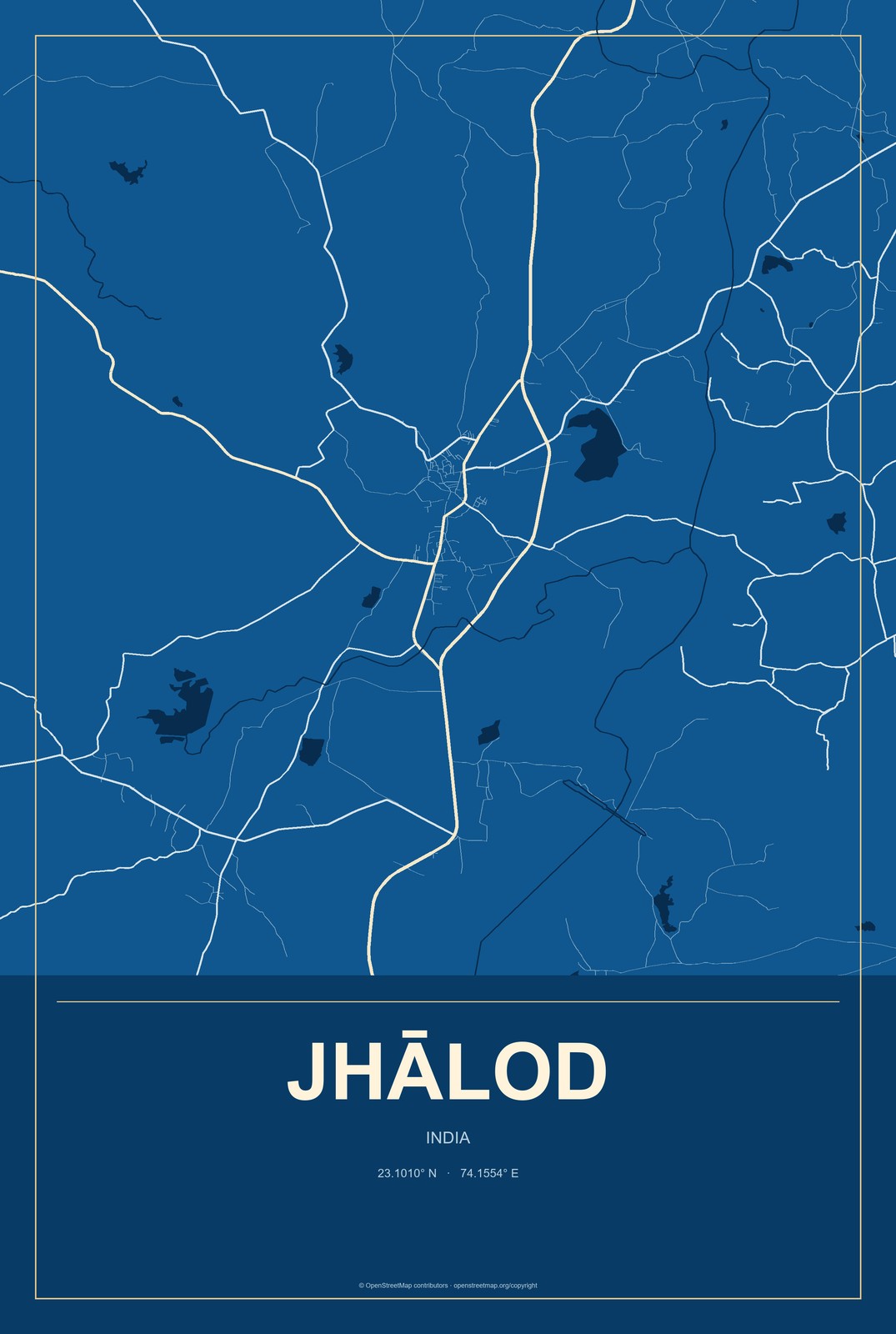Jhālod, India City Map Aluminum Sign in Harbor Cobalt style