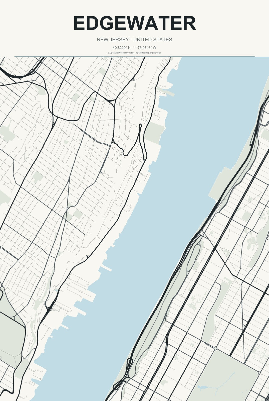 Edgewater, New Jersey City Map Aluminum Sign in Headline Atlas style