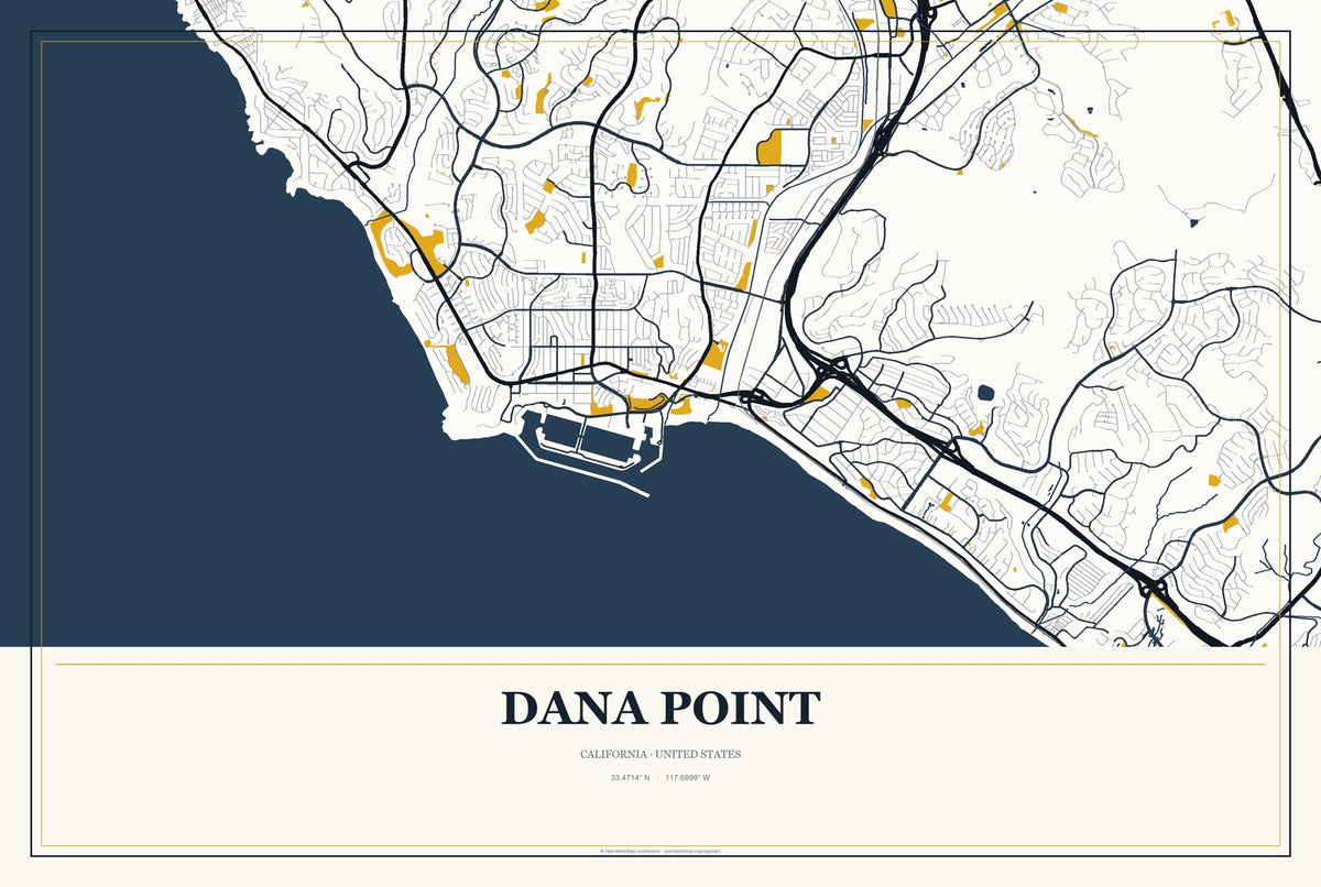 Dana Point, California City Map Aluminum Sign in Citrine Modern style