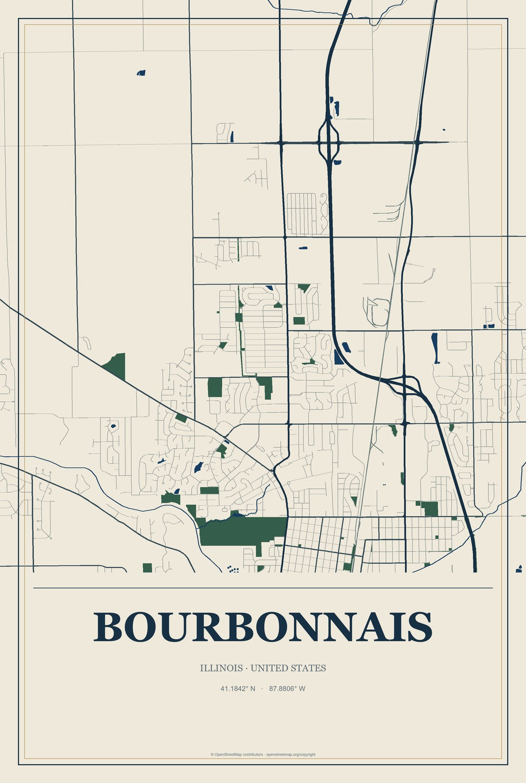 Bourbonnais, Illinois City Map Aluminum Sign in Coastal Cutout style