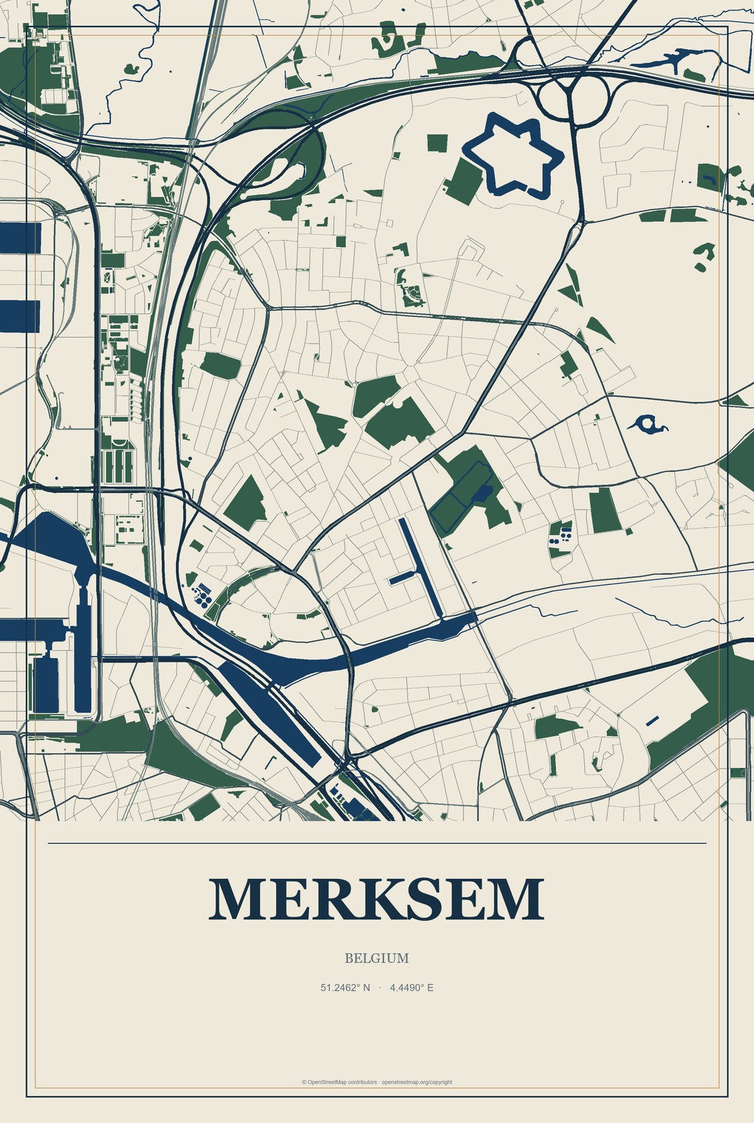 Merksem, Belgium City Map Aluminum Sign in Coastal Cutout style