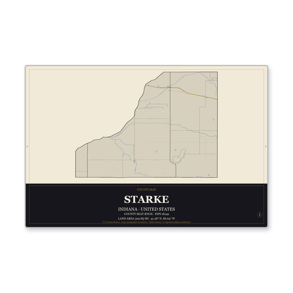 Starke County, Indiana Map Aluminum Sign in Museum Plaque style