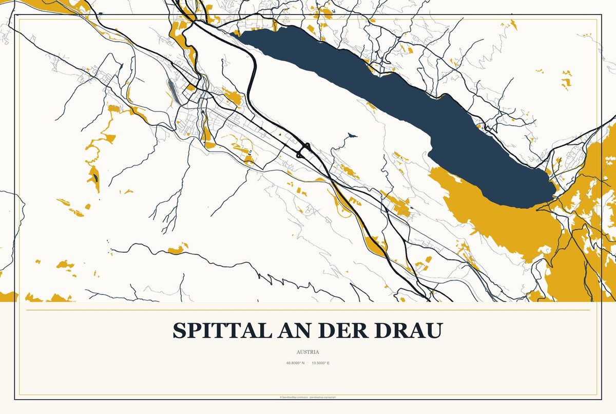 Spittal an der Drau, Austria City Map Aluminum Sign in Citrine Modern style