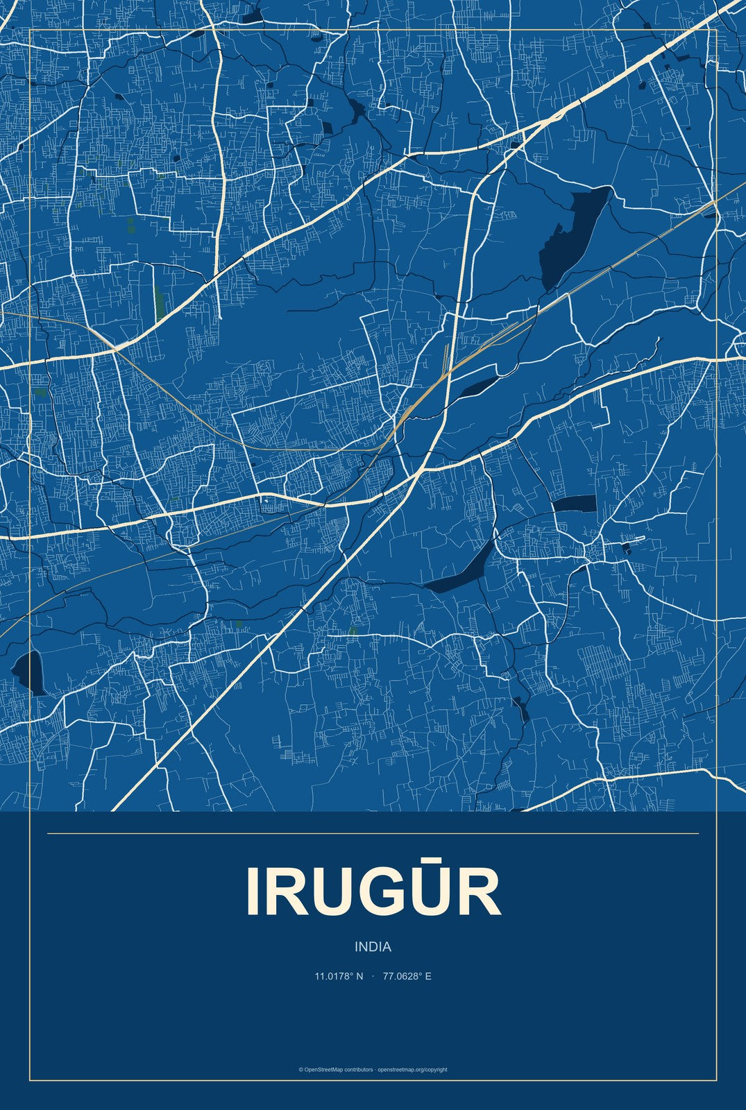 Irugūr, India City Map Aluminum Sign in Harbor Cobalt style