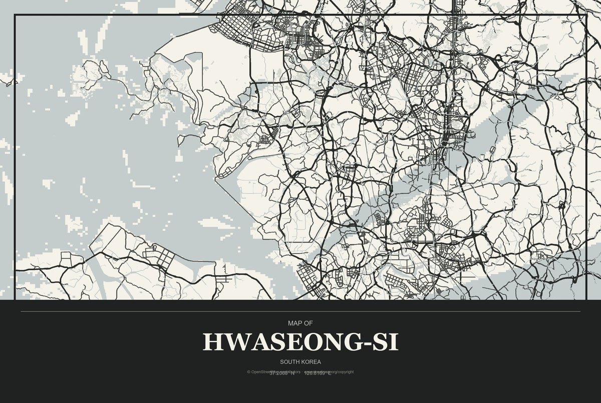 Hwaseong-si, South Korea City Map Aluminum Sign in Museum Plaque style