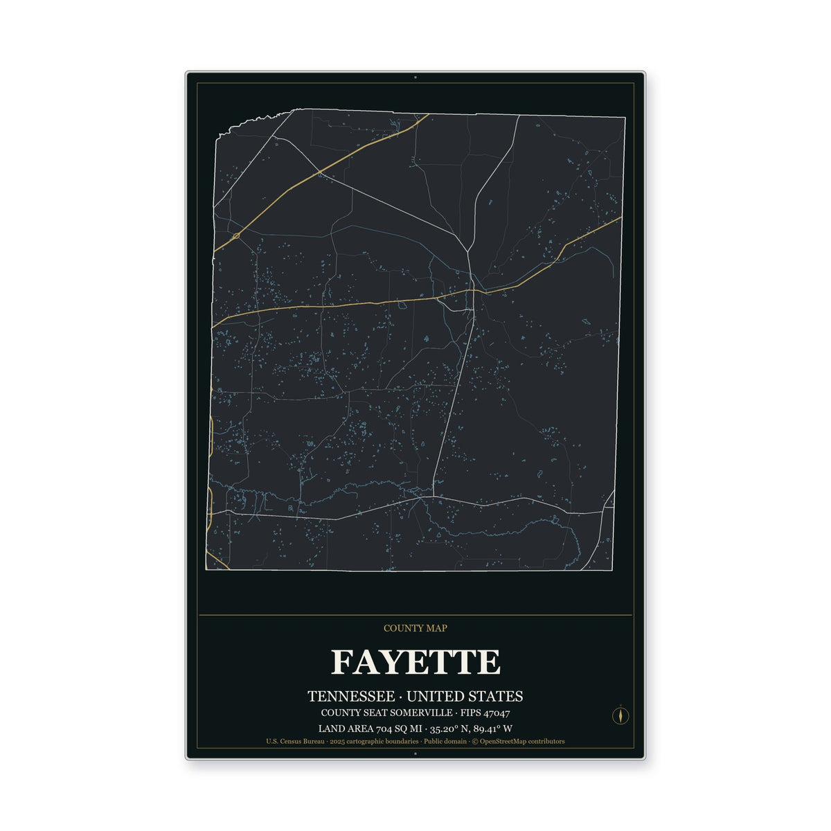 Fayette County, Tennessee Map Aluminum Sign in Metropolitan Noir style