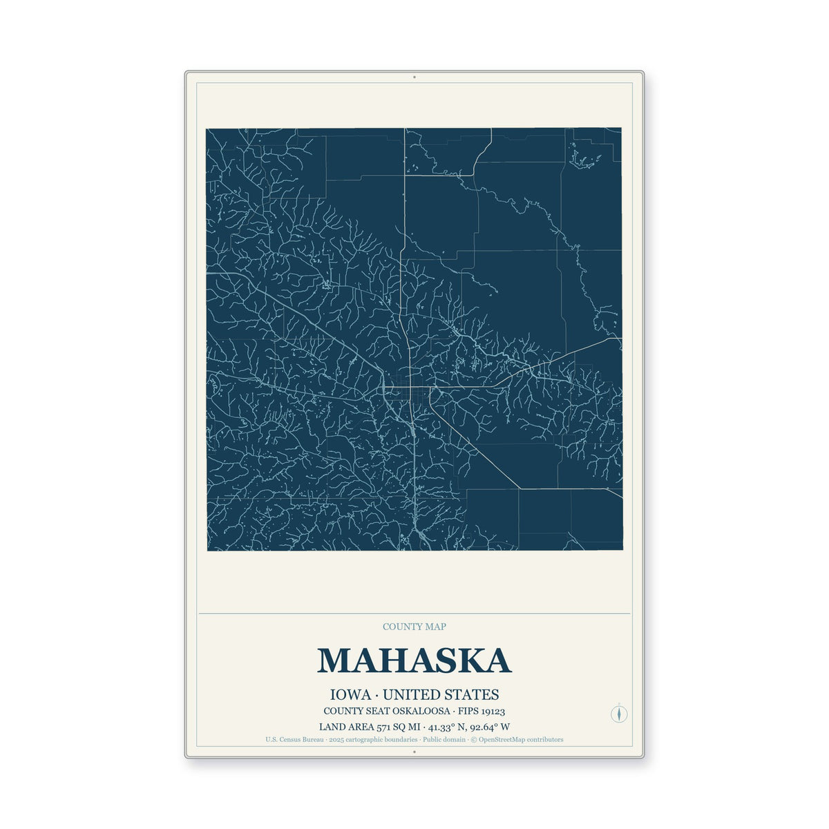 Mahaska County, Iowa Map Aluminum Sign in Coastal Cutout style