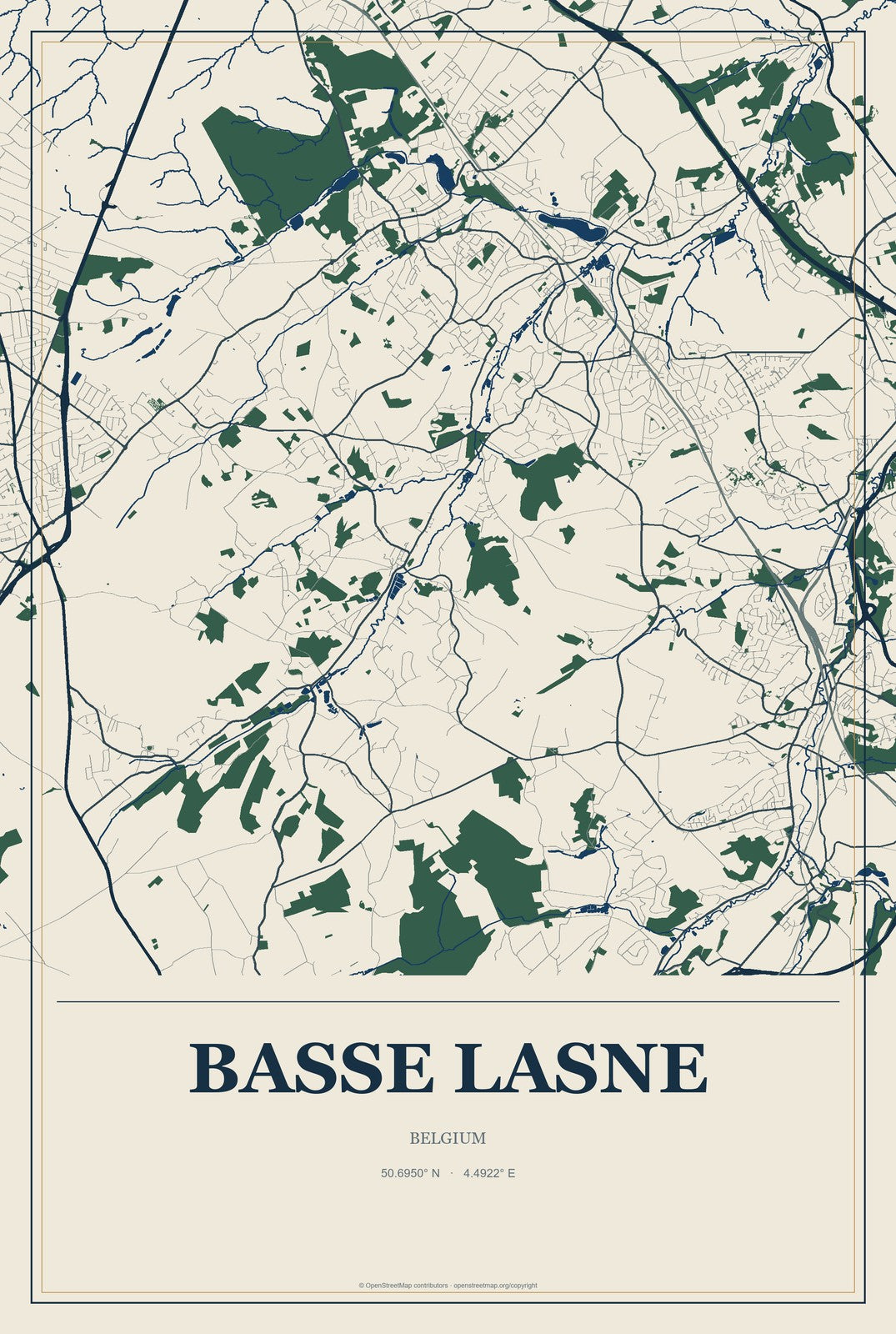 Basse Lasne, Belgium City Map Aluminum Sign in Coastal Cutout style