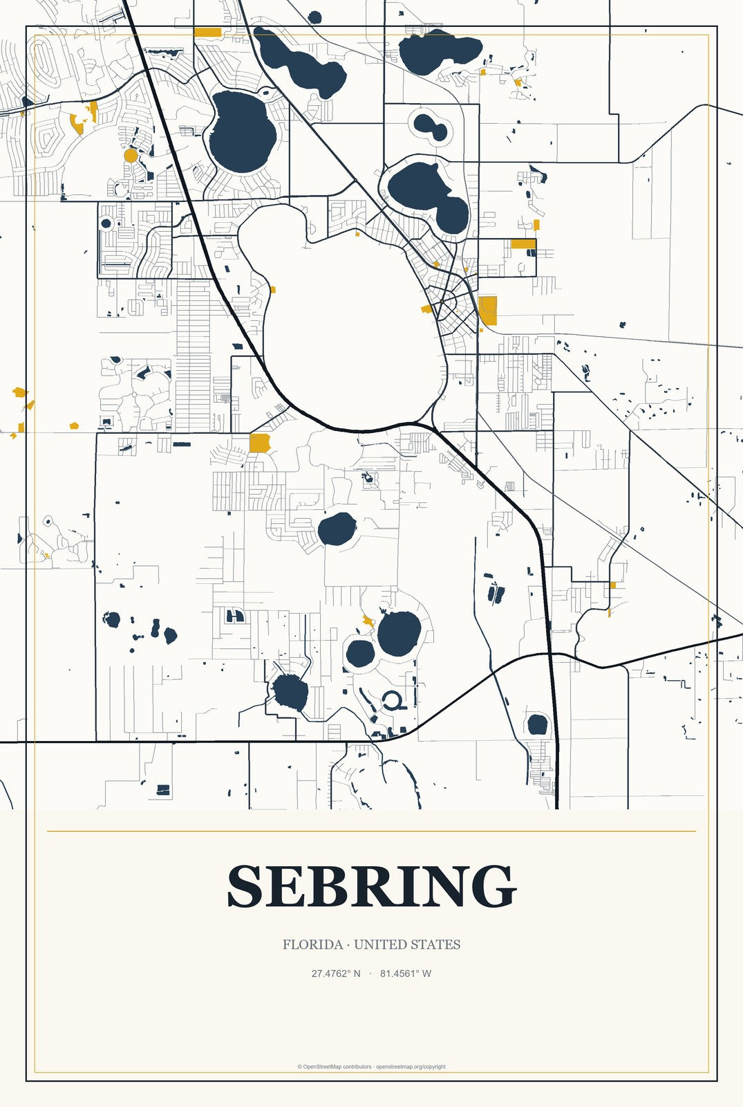Sebring, Florida City Map Aluminum Sign in Citrine Modern style