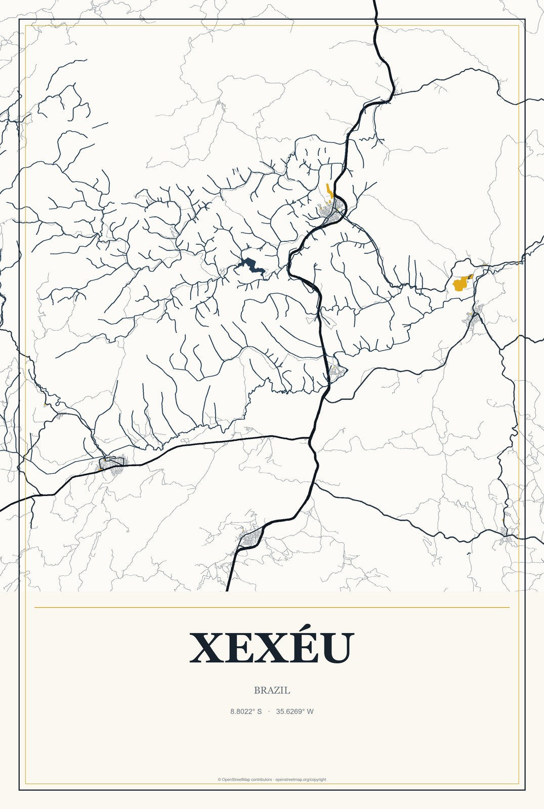 Xexéu, Brazil City Map Aluminum Sign in Citrine Modern style