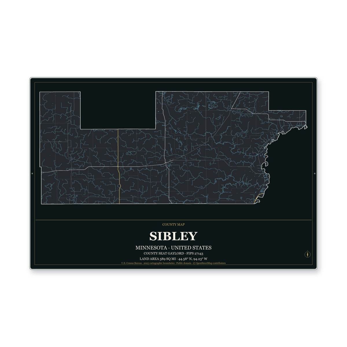 Sibley County, Minnesota Map Aluminum Sign in Metropolitan Noir style