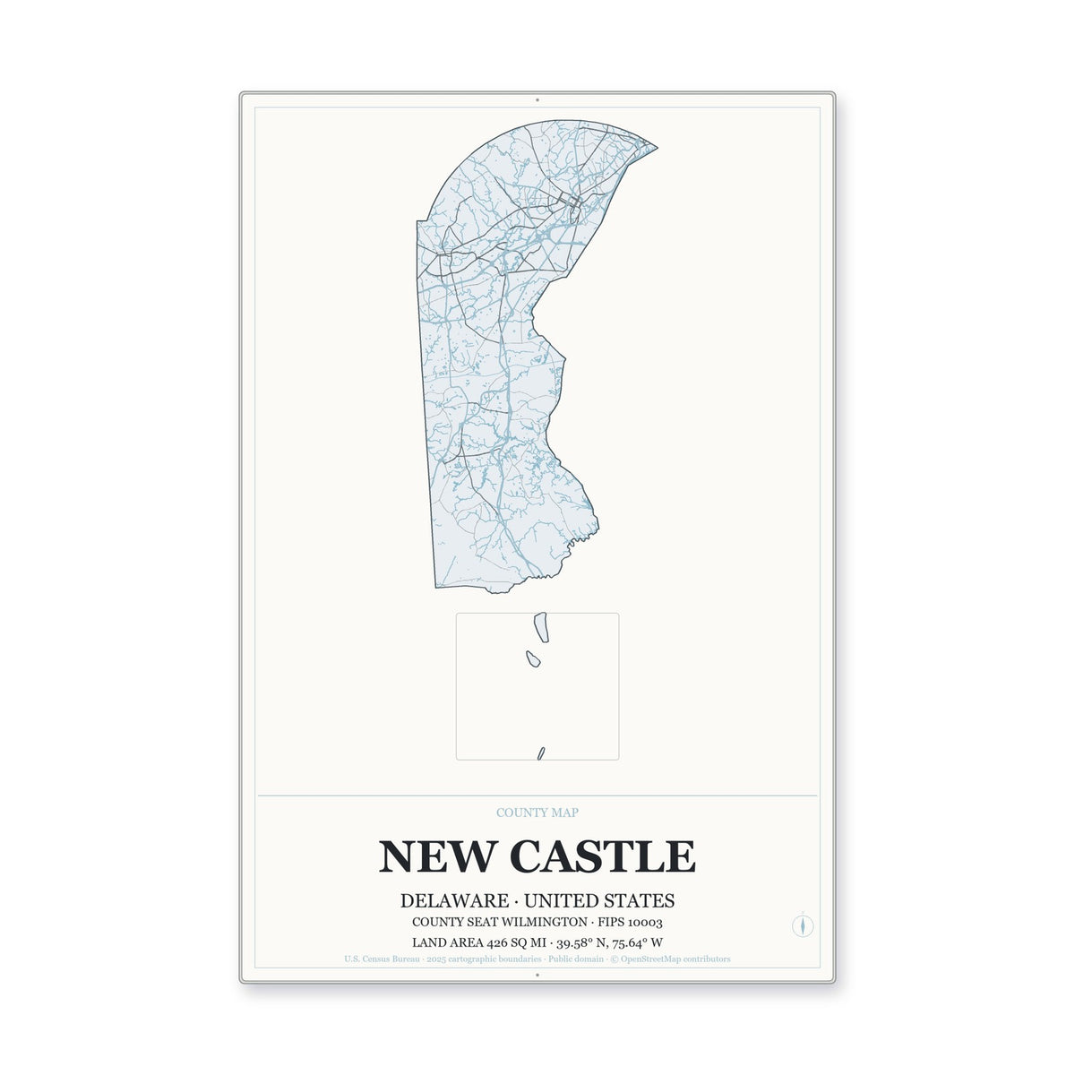 New Castle County, Delaware Map Aluminum Sign in Gallery Air style